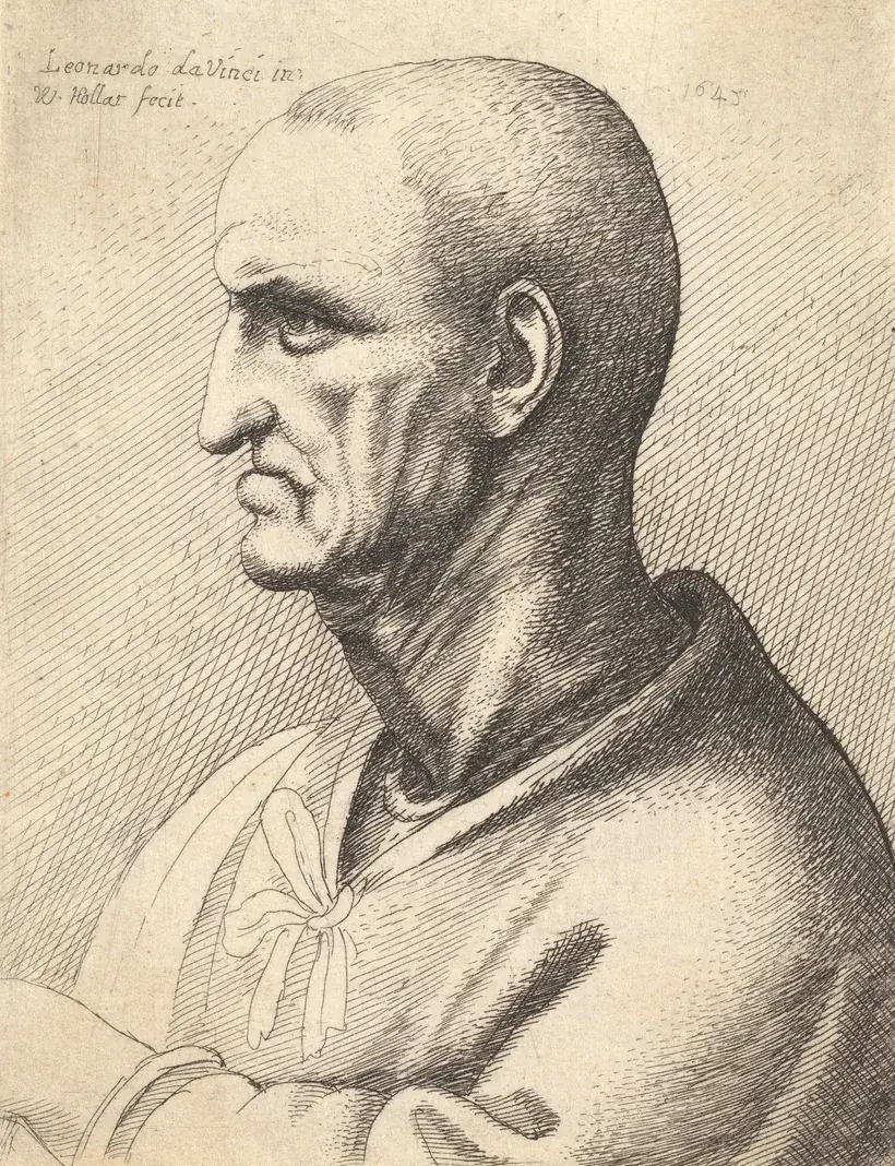 Etching by Wenceslaus Hollar after Leonardo da Vinci (1645): head of an old man in profile, stern expression, pronounced nose and chin, receding jaw