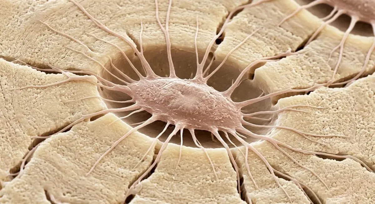 Osteocita nella sua lacuna con i prolungamenti canalicolari che si irradiano nella matrice ossea — microscopia elettronica colorizzata