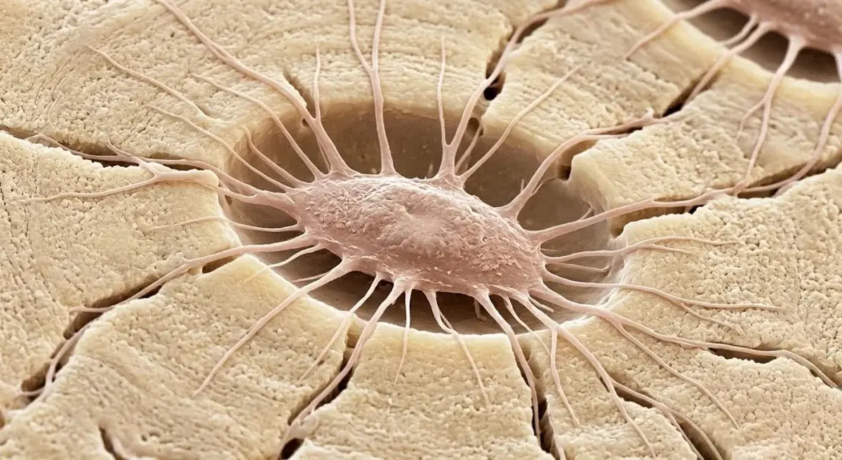 An osteocyte in its lacuna with canalicular processes radiating into the bone matrix — colorized scanning electron micrograph