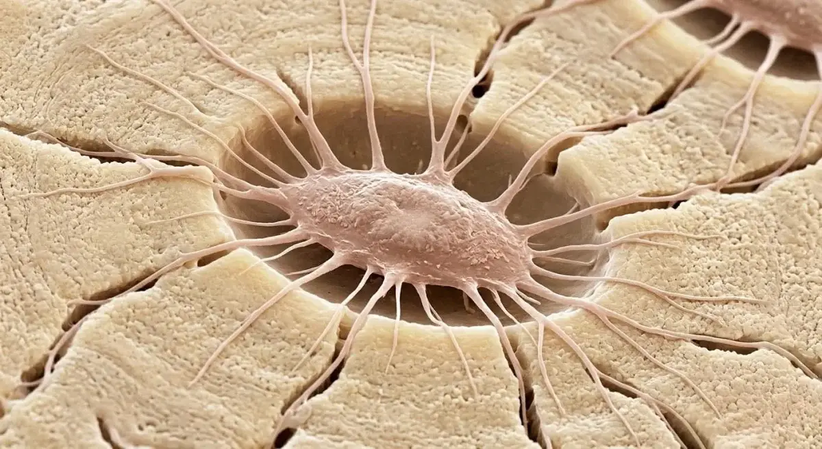 An osteocyte in its lacuna with canalicular processes radiating into the bone matrix — colorized scanning electron micrograph
