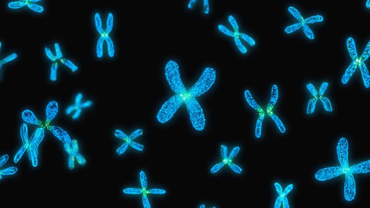 Microscopia a immunofluorescenza: cromosomi umani in blu con spot verdi che marcano le proteine CENP-A ai centromeri