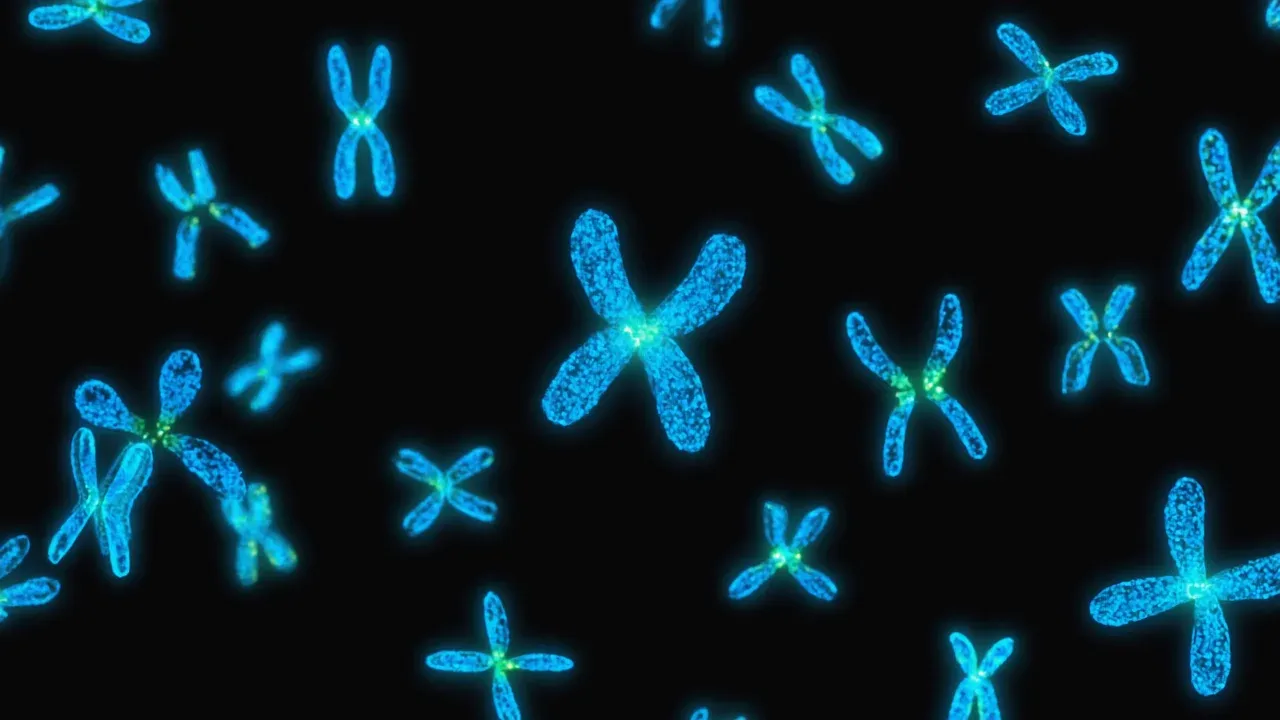 Microscopia a immunofluorescenza: cromosomi umani in blu con spot verdi che marcano le proteine CENP-A ai centromeri
