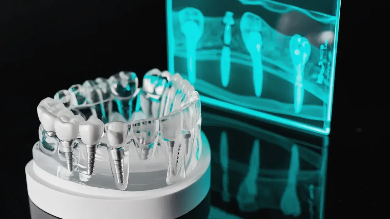 Dima chirurgica con boccole metalliche su modello dentale e sezione CBCT della pianificazione implantare in ologramma verde