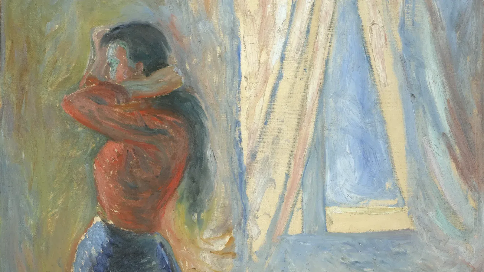 Edvard Munch, Donna che si guarda allo specchio, 1892: una donna in camicetta rossa davanti allo specchio, accanto a una finestra con tende chiare