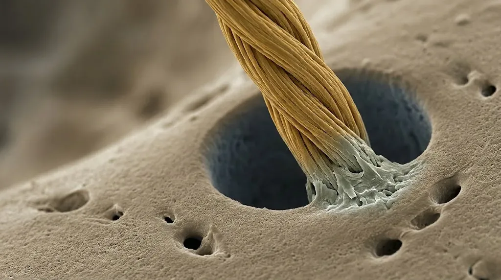 Illustration in the style of a false-colored electron micrograph: a twisted bundle of collagen fibers enters the bone cortex and, at the entry point, mineralizes and merges with the matrix
