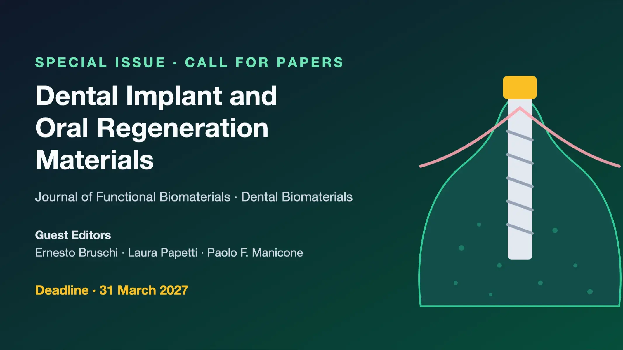 Poster of the Special Issue "Dental Implant and Oral Regeneration Materials" of the Journal of Functional Biomaterials, with the three Guest Editors and the 31 March 2027 deadline, next to a diagram of an implant in a bone ridge