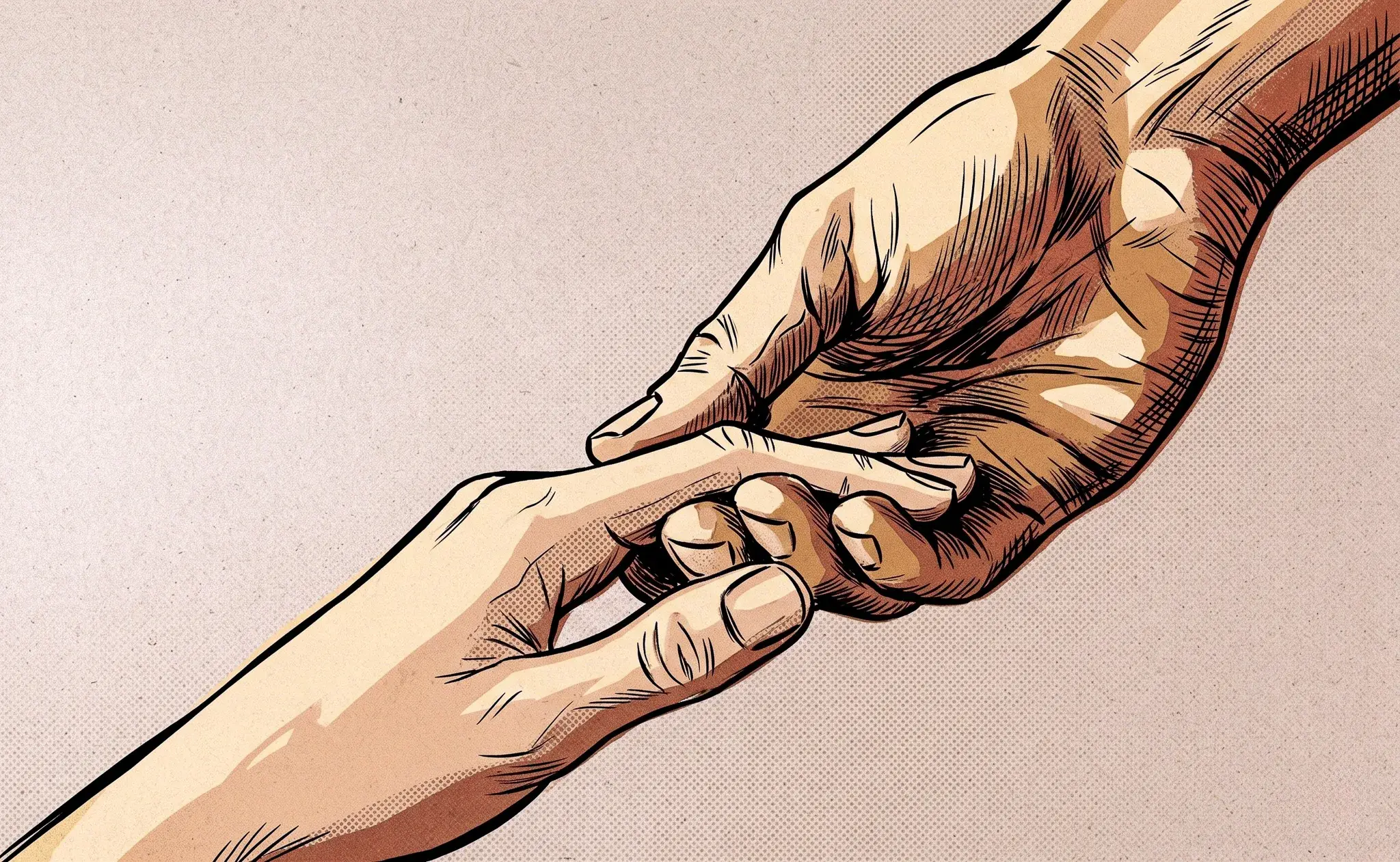 Due mani che si sfiorano in uno stile illustrativo — immagine evocativa del gesto della cura.