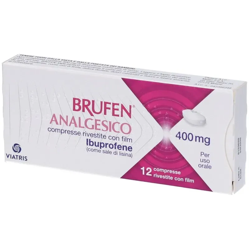 Confezione di Brufen analgesico, contenente 12 compresse rivestite con film da 400 mg di ibuprofene.