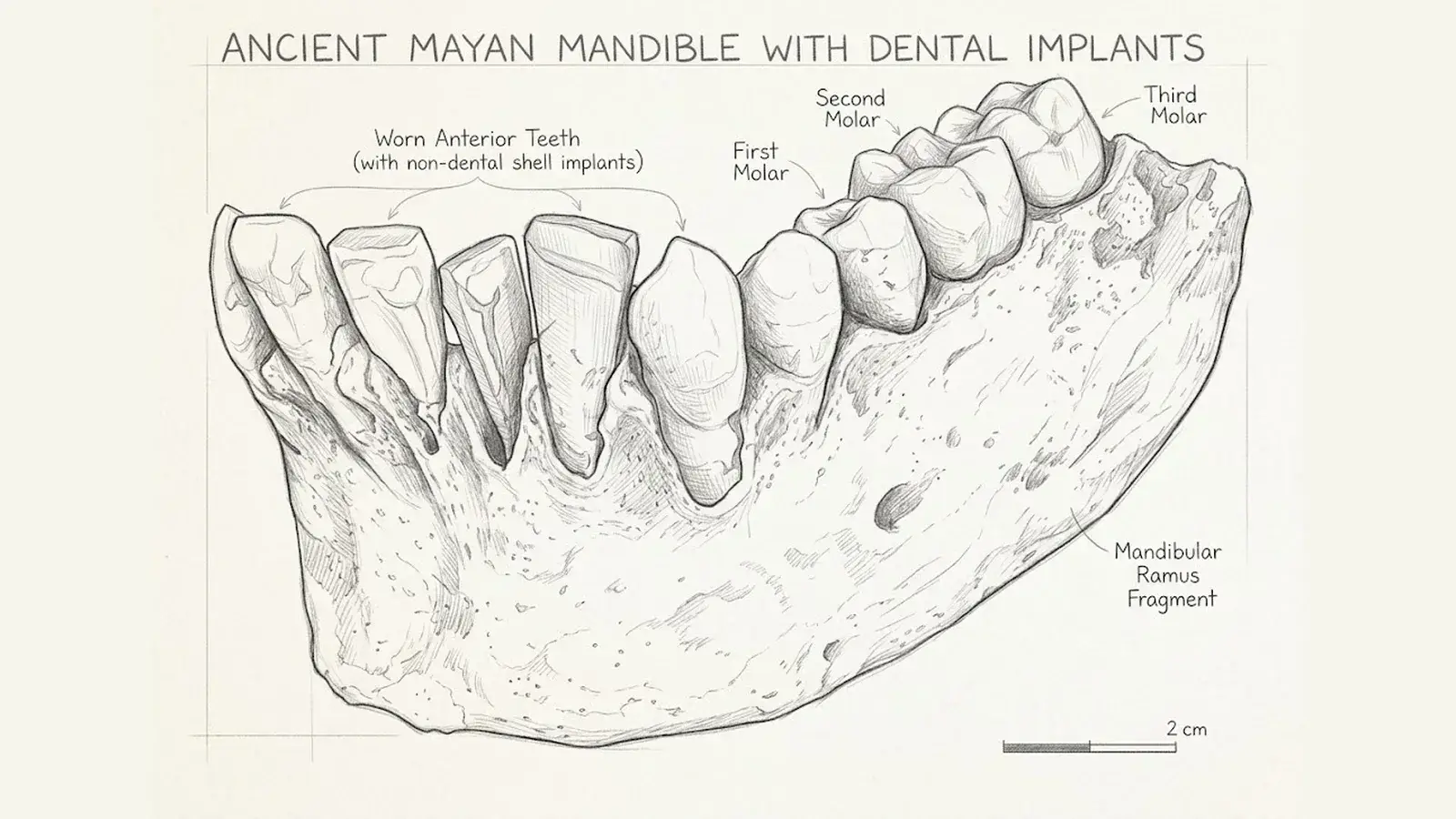 Disegno a matita del frammento di mandibola maya visto di lato: denti anteriori consumati con impianti di conchiglia, molari naturali e ramo mandibolare
