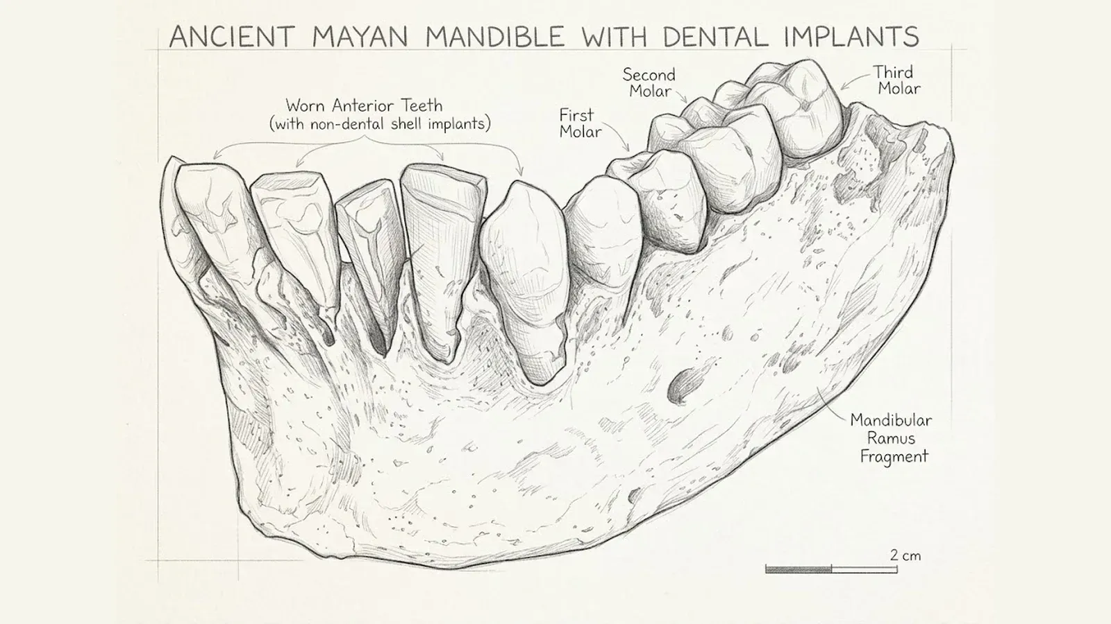Disegno a matita del frammento di mandibola maya visto di lato: denti anteriori consumati con impianti di conchiglia, molari naturali e ramo mandibolare