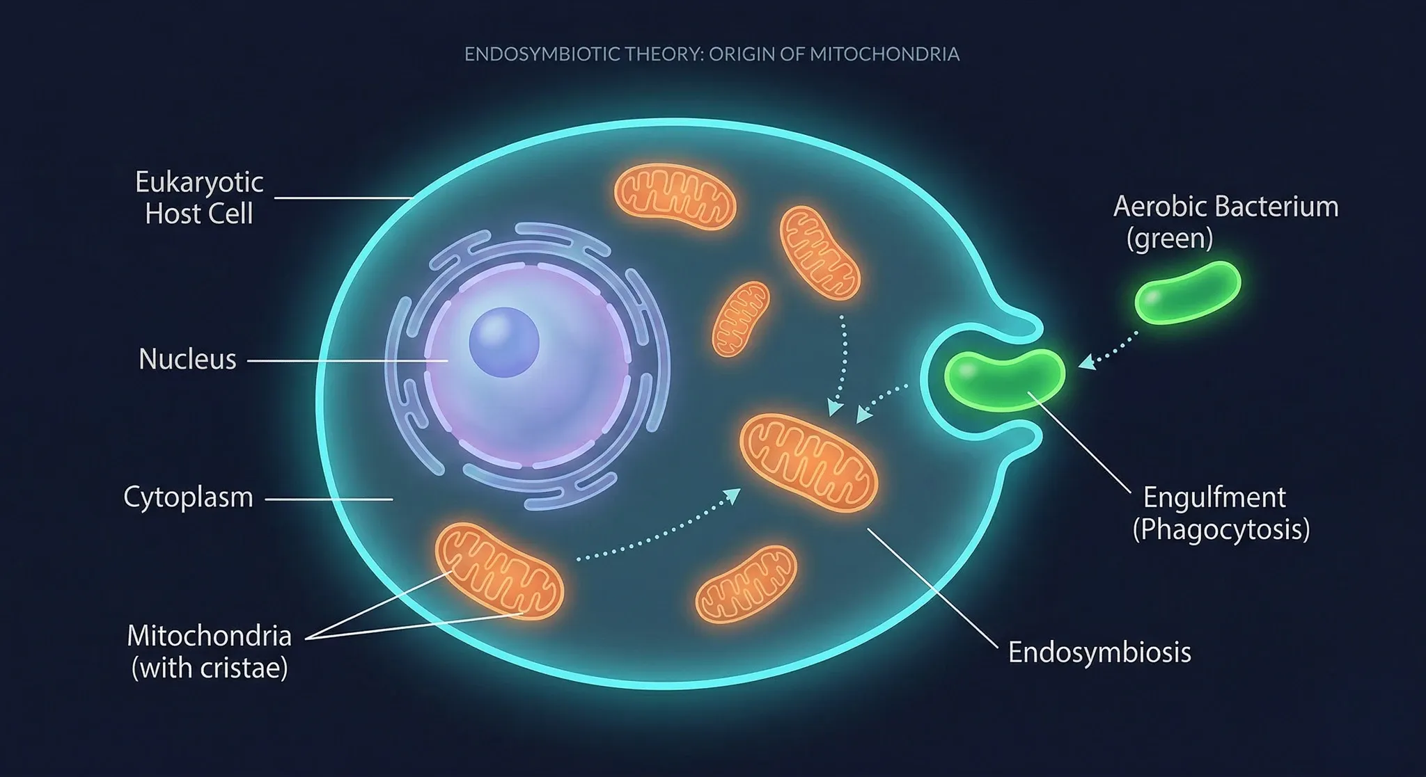 Schema della teoria endosimbiotica: un batterio aerobico viene fagocitato dalla cellula eucariotica e diventa mitocondrio