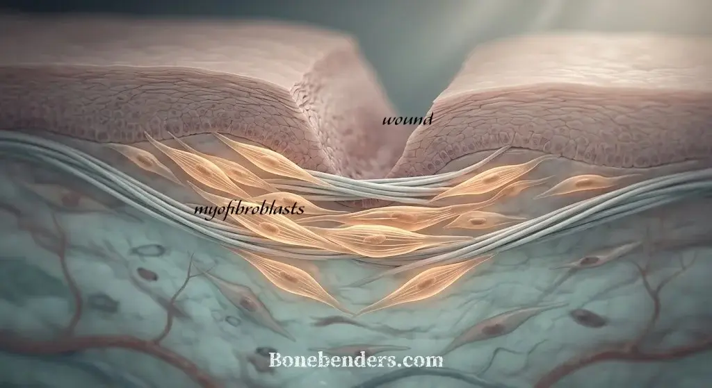 Sezione di una ferita della mucosa orale in chiusura: i miofibroblasti, allineati sotto i margini epiteliali, tirano i bordi l'uno verso l'altro lungo i fasci di collagene neoformato.