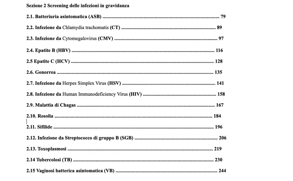 Table of contents for the section on infection screening in pregnancy, with lists of infections and corresponding page numbers.