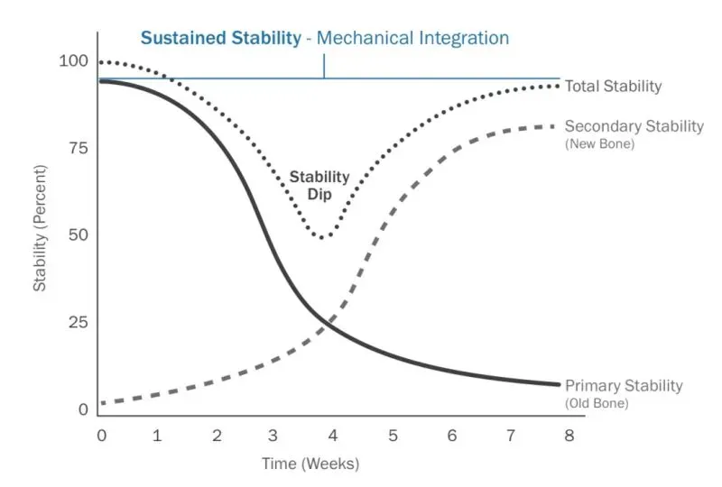 Graph illustrating the relationship between primary, secondary, and total stability of a dental implant over time, highlighting a stability dip