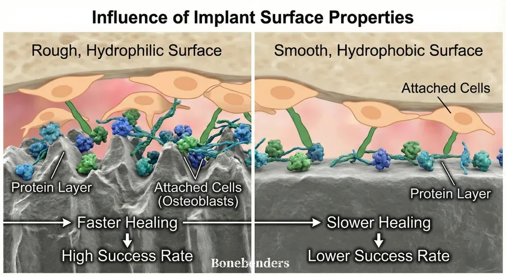 Confronto tra superfici implantari lisce e rugose in titanio, illustrando come le superfici idrofile favoriscono l