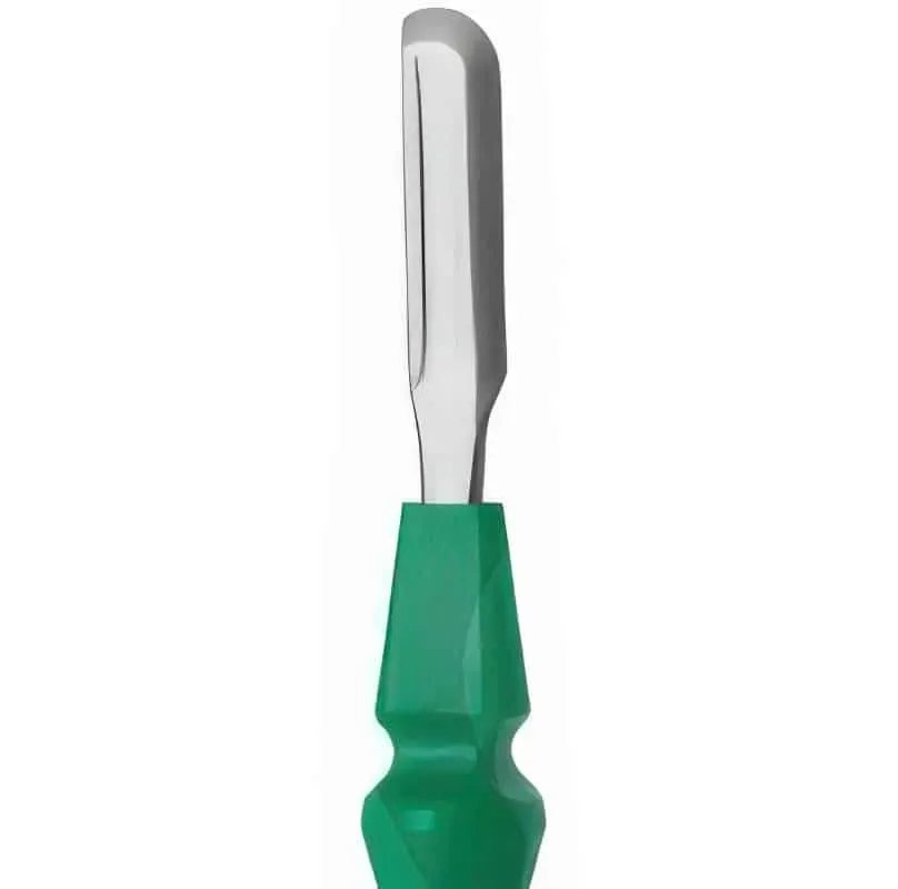 A scalpel with a wide blade and a green handle, used for surgery.