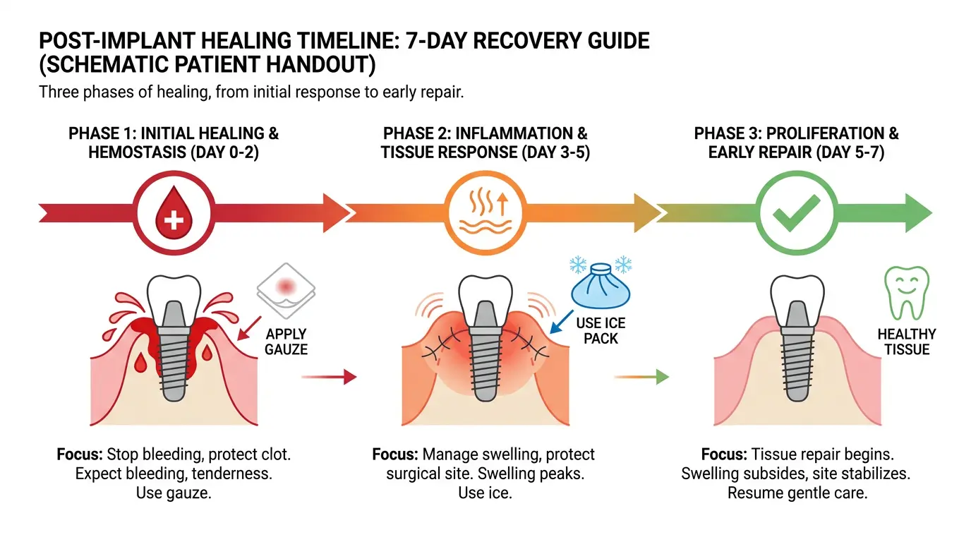Schematic 7-day post-implant healing timeline: hemostasis, inflammation and early repair phases
