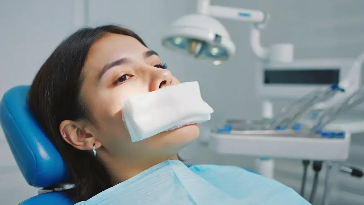 Paziente con garza sulla guancia dopo inserimento di un impianto dentale
