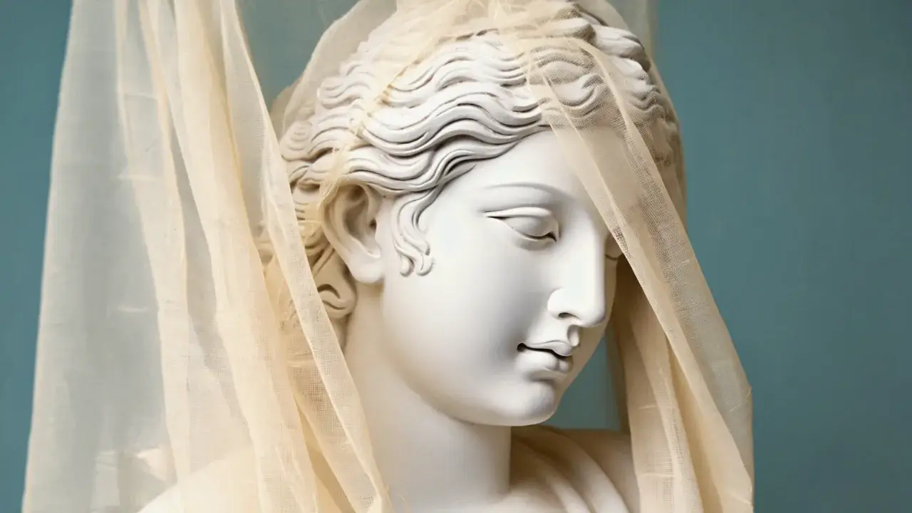 Marble sculpture of a serene face under a translucent veil being lifted: a metaphor for the already-beautiful tooth hidden by gum