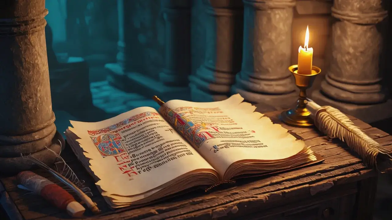 Illuminated medical manuscript by candlelight in a monastic scriptorium: at Montecassino the medical knowledge of antiquity was saved and translated