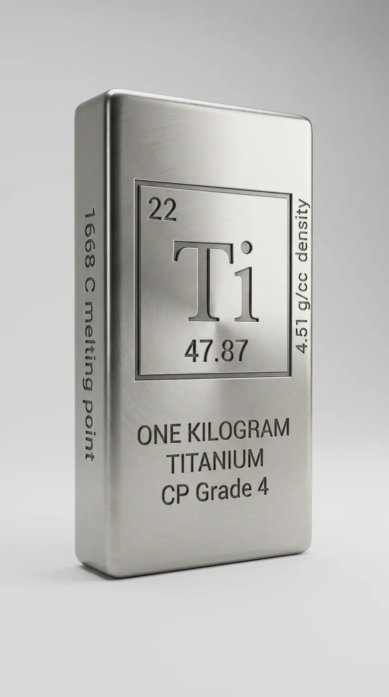 Lingotto di titanio commercialmente puro (CP Grade 4) — elemento Ti, numero atomico 22, peso atomico 47.87