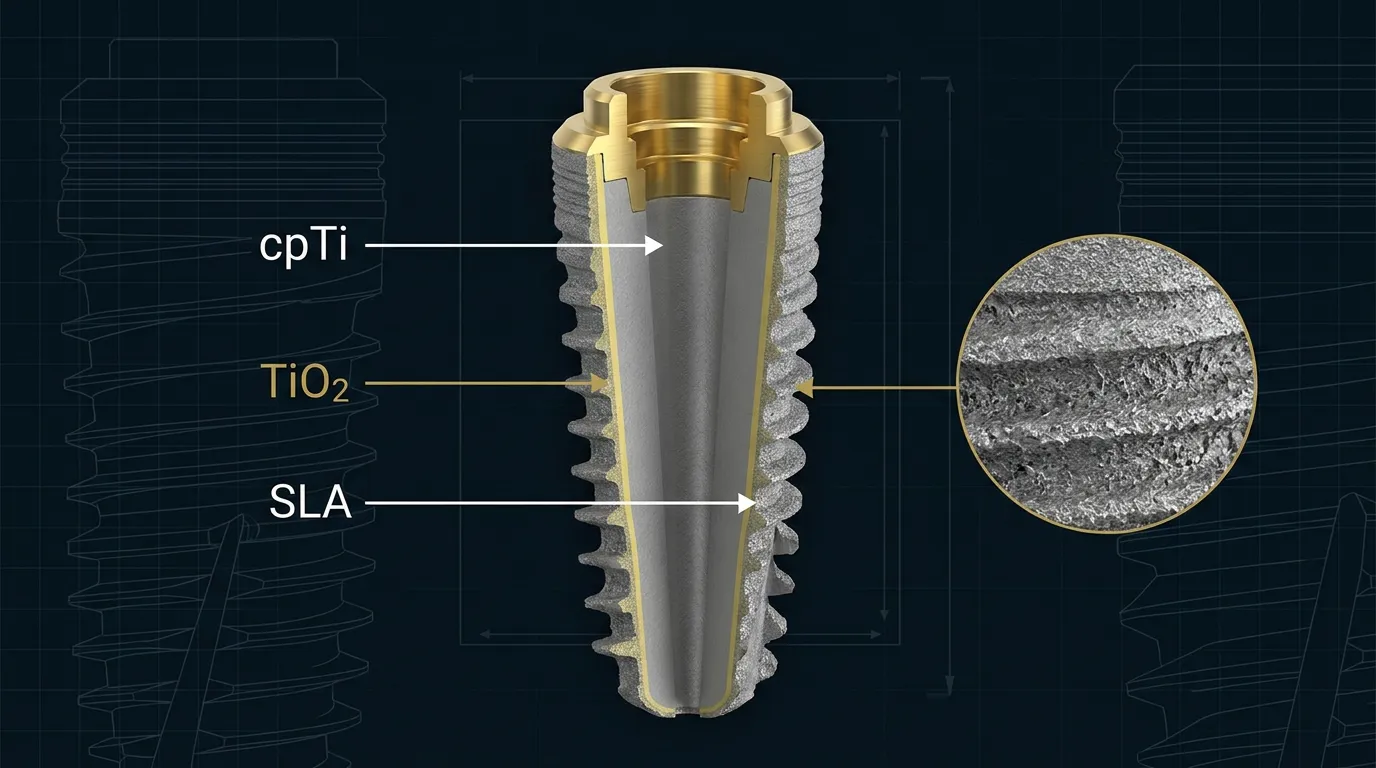 Sezione cutaway di un impianto dentale in titanio: nucleo in cpTi, strato di ossido TiO₂ e superficie SLA con dettaglio della micro-porosità