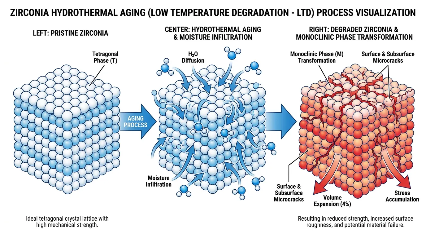 Hydrothermal aging of zirconia (LTD): phase transformation from tetragonal to monoclinic with the formation of surface microcracks