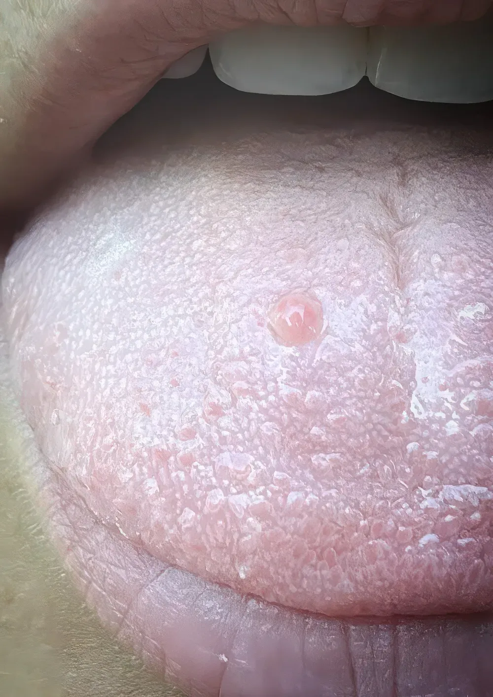 Dettaglio della lingua con una leggera umidità e piccole irregolarità sulla superficie.