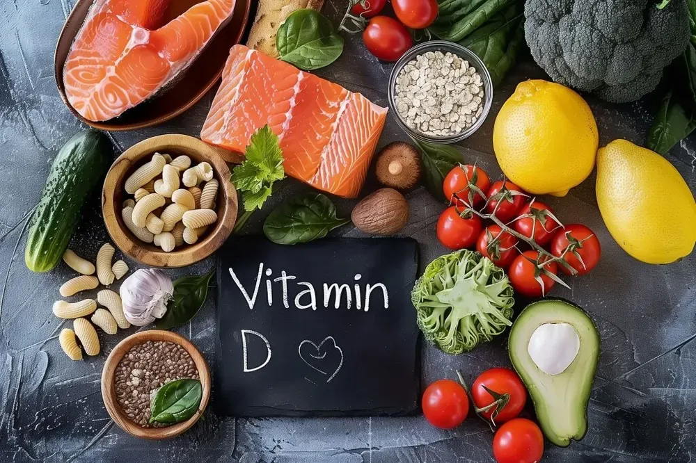 Un assortimento di alimenti ricchi di vitamina D, tra cui salmone, avocado, verdure e cereali, con una lavagna che mostra la scritta 